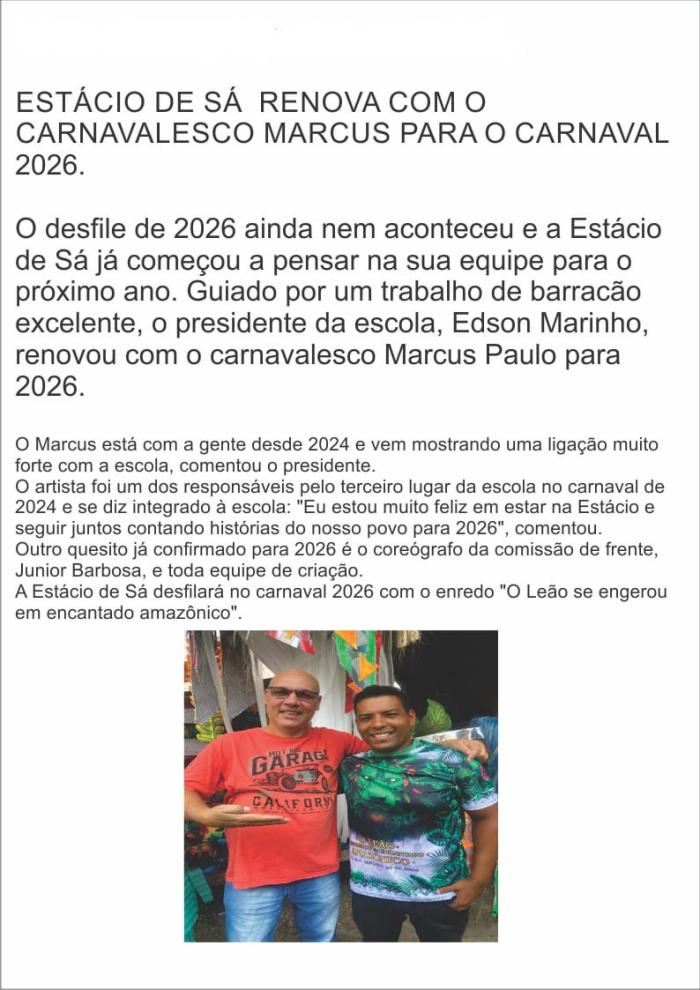 Estácio de Sá renova com o carnavalesco   Marcus
