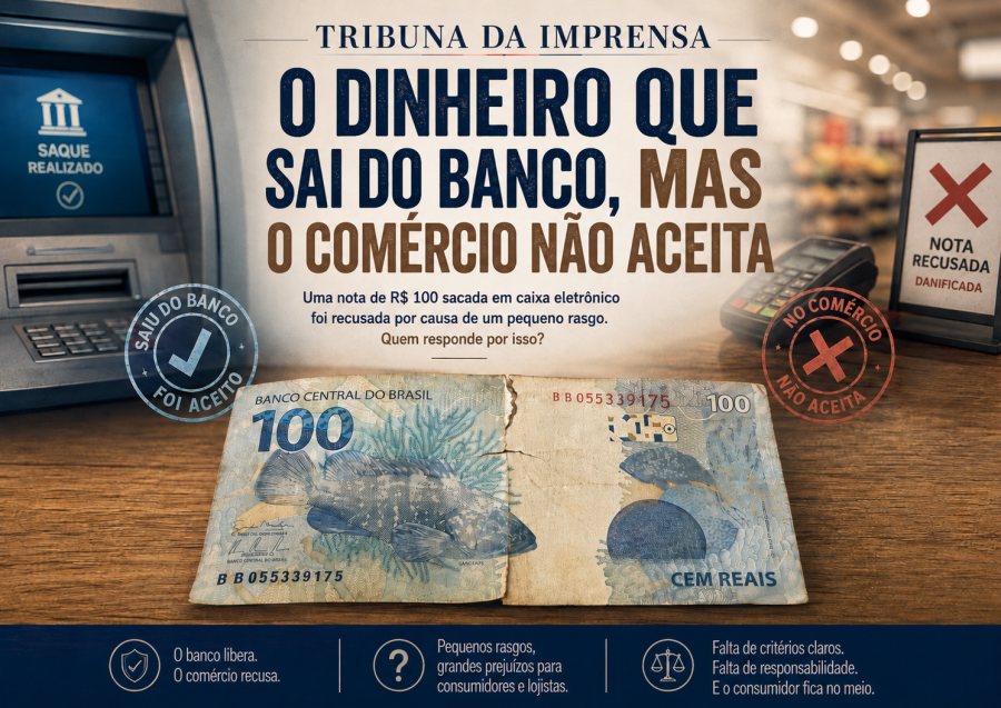 A nota que sai do caixa eletrônico do banco, mas o comércio não aceita o dinheiro 